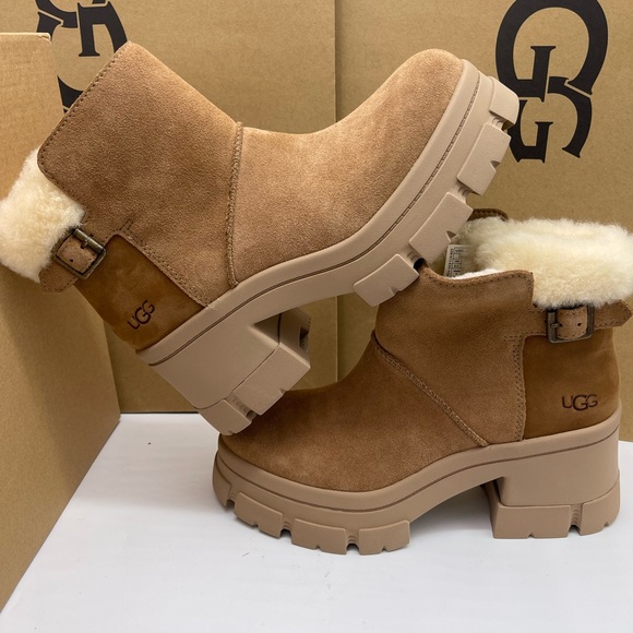 UGG WMNS 
W BROOKLYN BUCKLE PLATFORM HIGH HEELS BOOTS CHESTNUT Tan Shearling - Picture 2 of 16